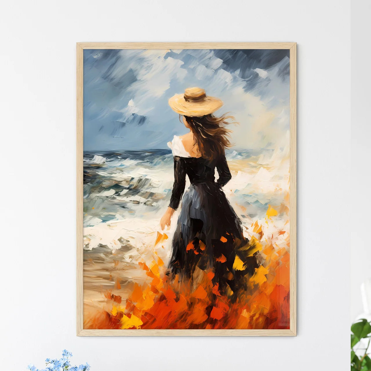 A Woman In A Black Dress And Hat Walking On  - Framed Art Print