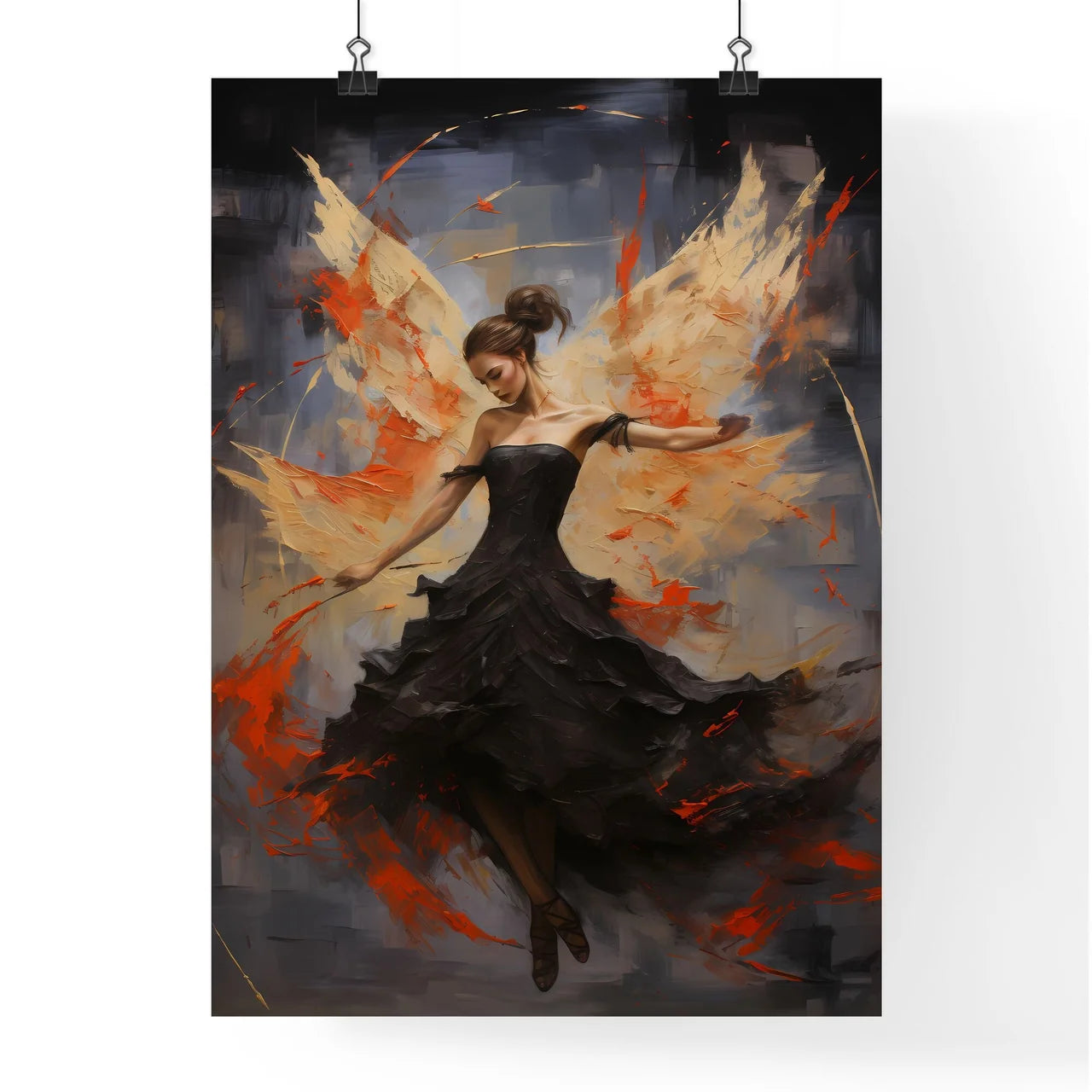 A Woman In A Black Dress With Orange Wing Poster