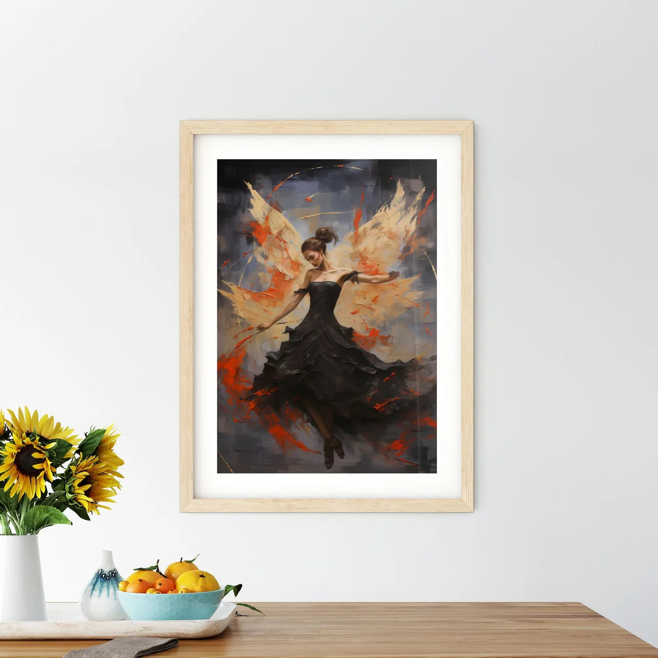 A Woman In A Black Dress With Orange Wing - Kitchen Hangings