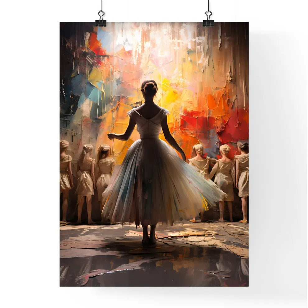 A Woman In A Dress In Front Of A Group Of Gi Poster