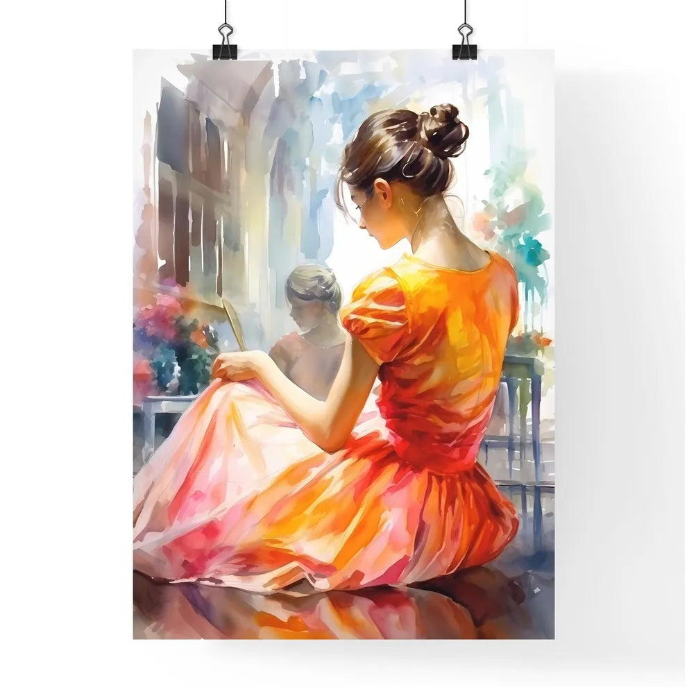 A Woman In A Dress Sitting On A Benc Poster