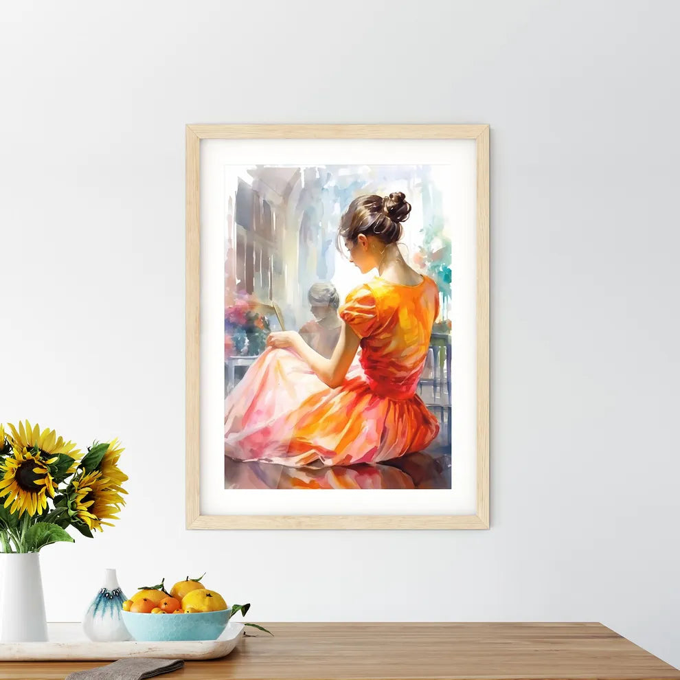 A Woman In A Dress Sitting On A Benc - Kitchen Hangings