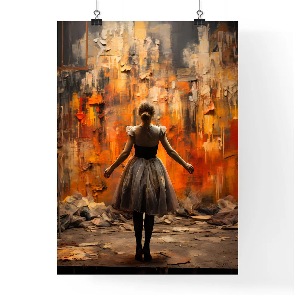 A Woman In A Dress Standing In Front Of A Wa Poster