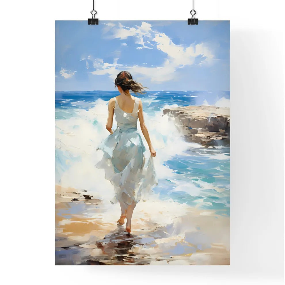 A Woman In A White Dress Walking On A Beac Poster