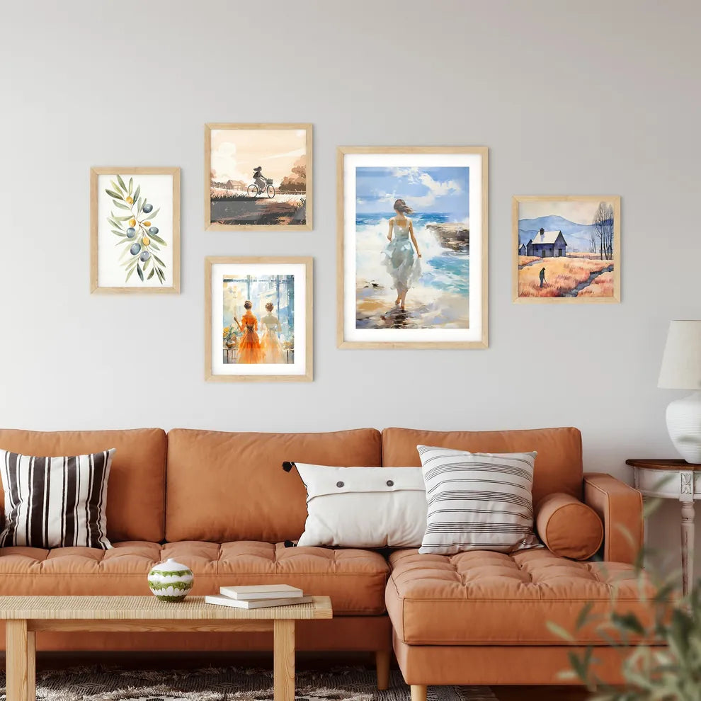 A Woman In A White Dress Walking On A Beac Framed Print