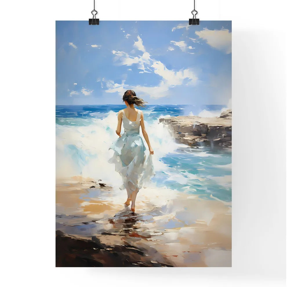 A Woman In A White Dress Walking On A Beac Poster