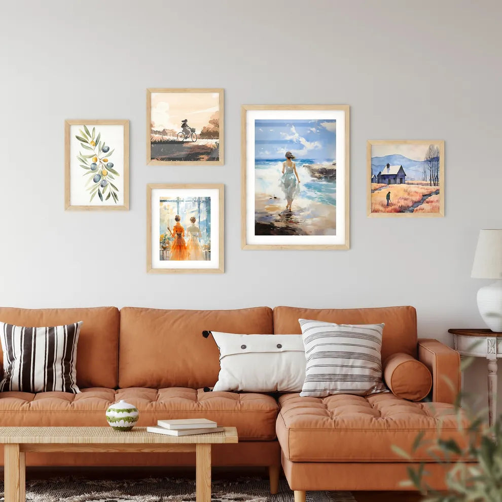 A Woman In A White Dress Walking On A Beac Framed Print