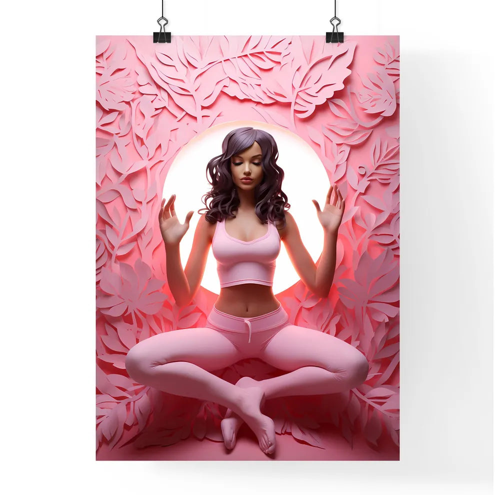 A Woman Sitting In A Pink Room With A Light  Poster