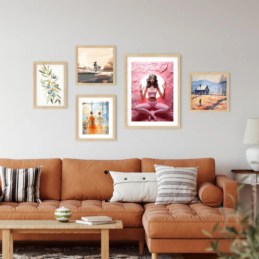 A Woman Sitting In A Pink Room With A Light  Framed Print