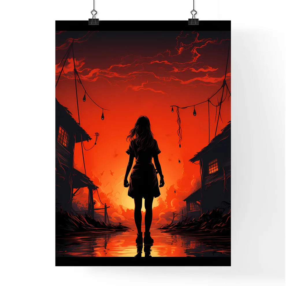 A Woman Standing In Front Of A Red Sky Poster