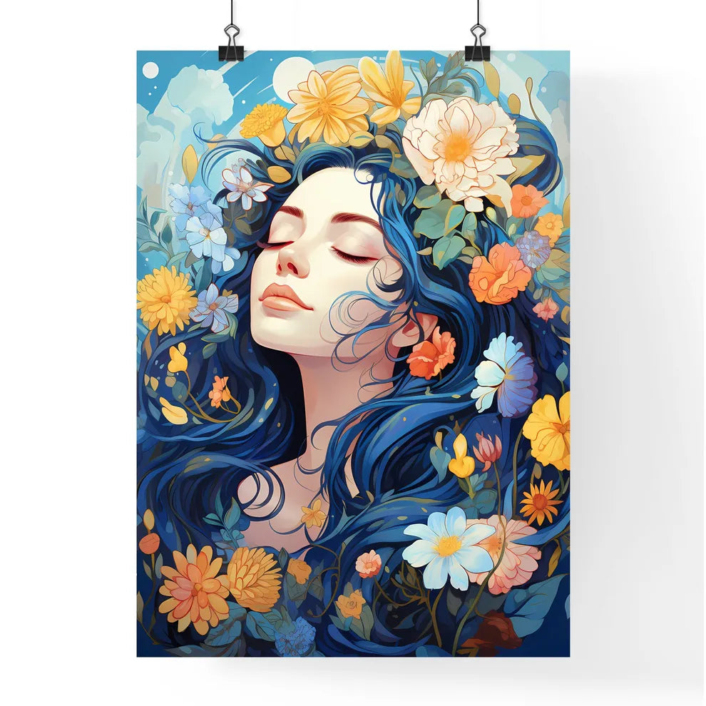 A Woman With Blue Hair And Flower Poster