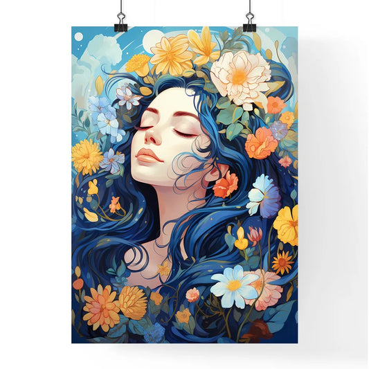 A Woman With Blue Hair And Flower Poster