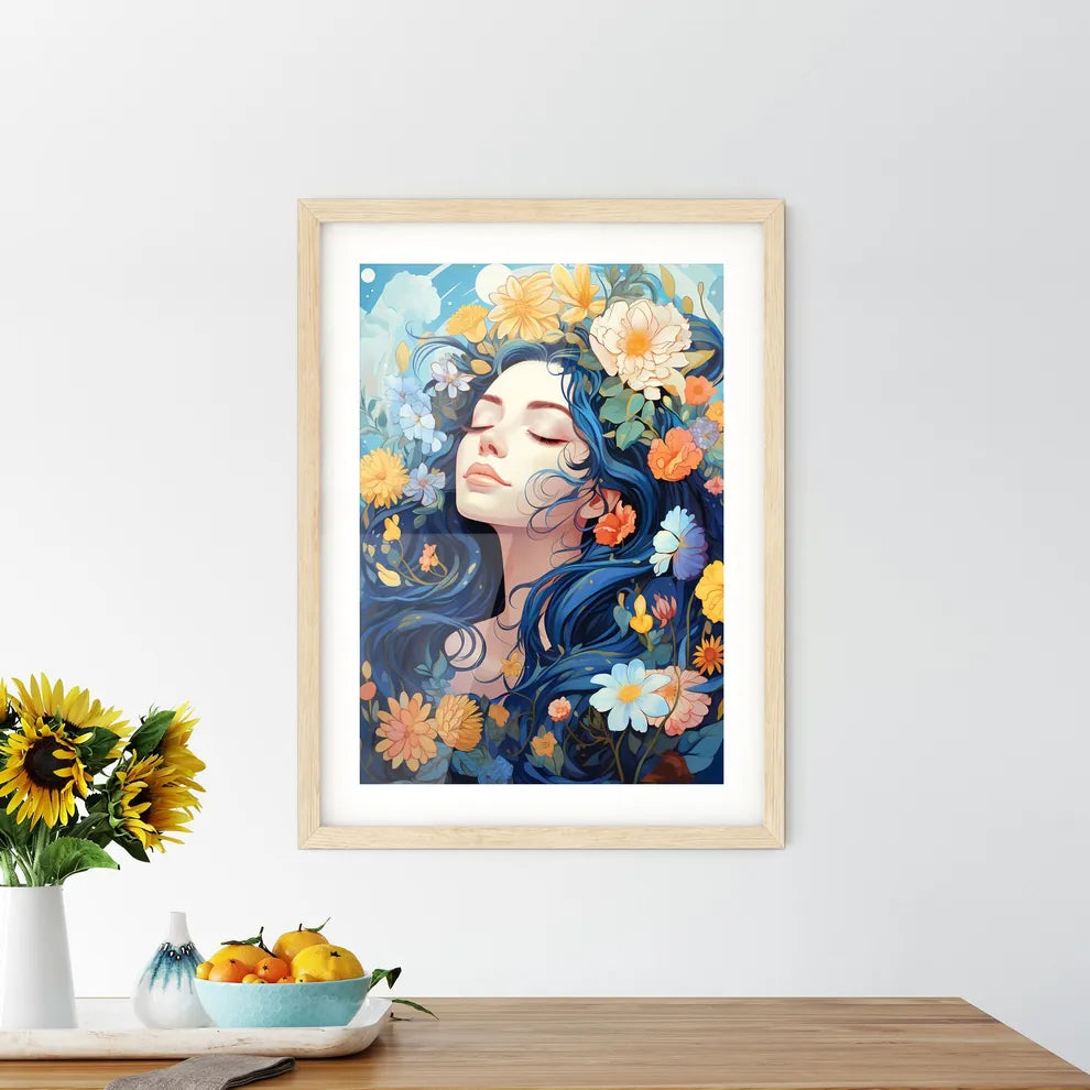 A Woman With Blue Hair And Flower - Kitchen Hangings