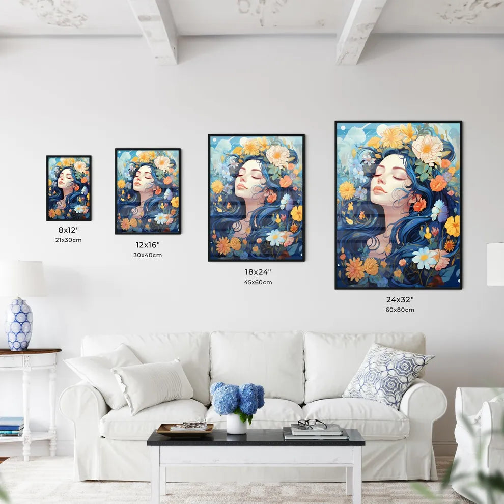A Woman With Blue Hair And Flower Wall Art