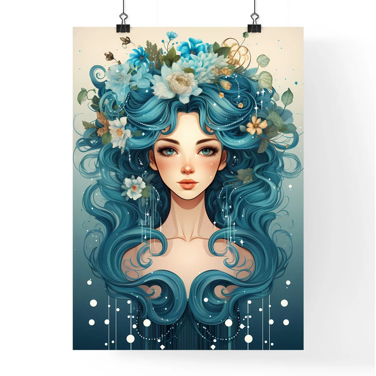 A Woman With Blue Hair And Flowers In Her Ha Poster
