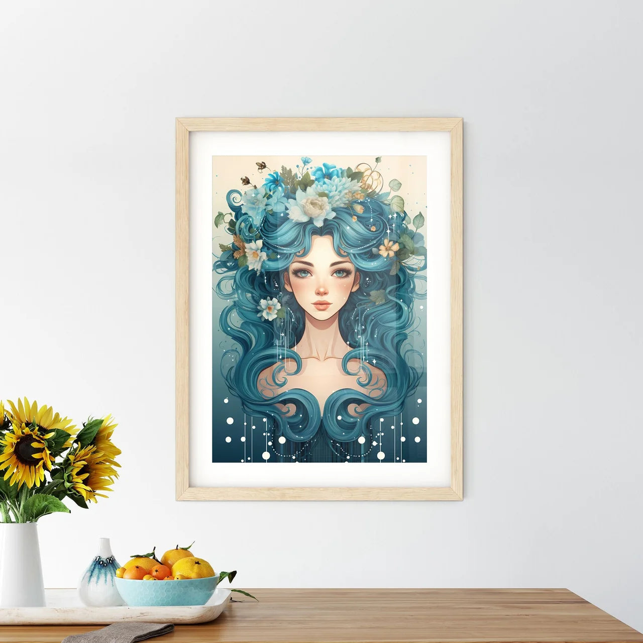 A Woman With Blue Hair And Flowers In Her Ha - Kitchen Hangings
