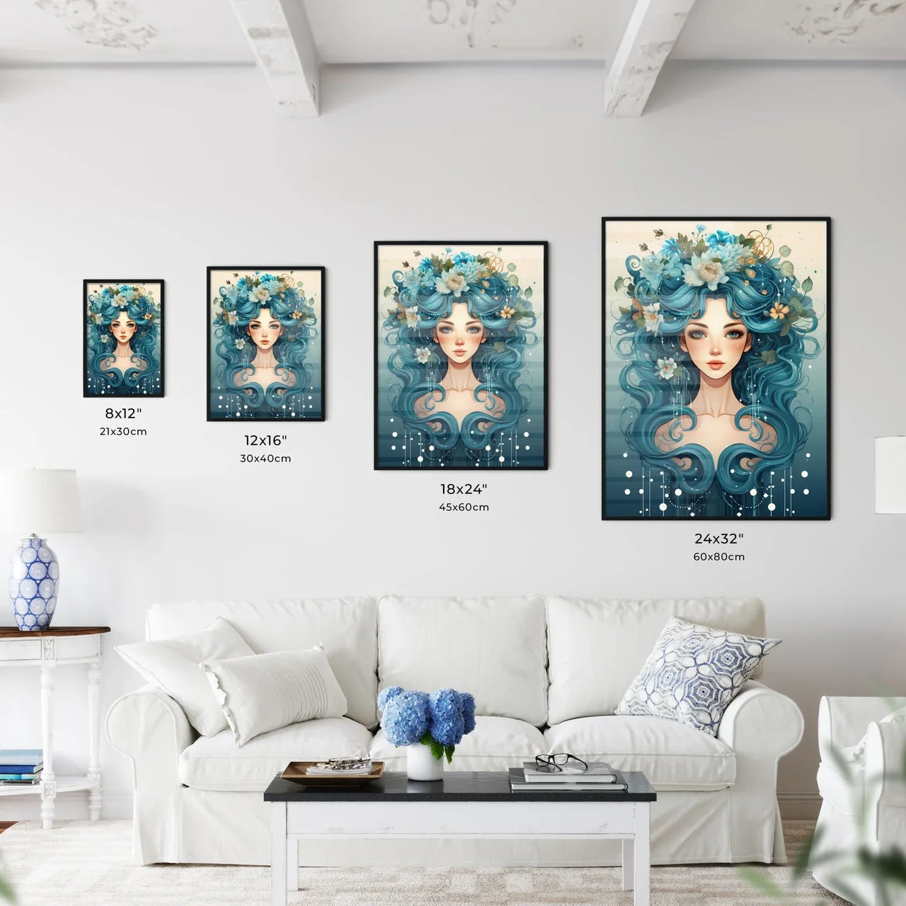 A Woman With Blue Hair And Flowers In Her Ha Wall Art