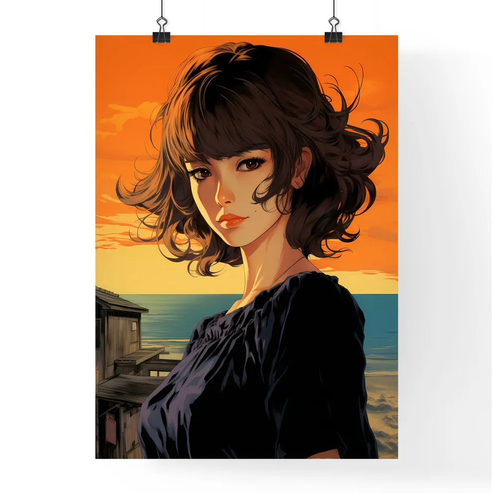 A Woman With Brown Hair And A Black Shir Poster