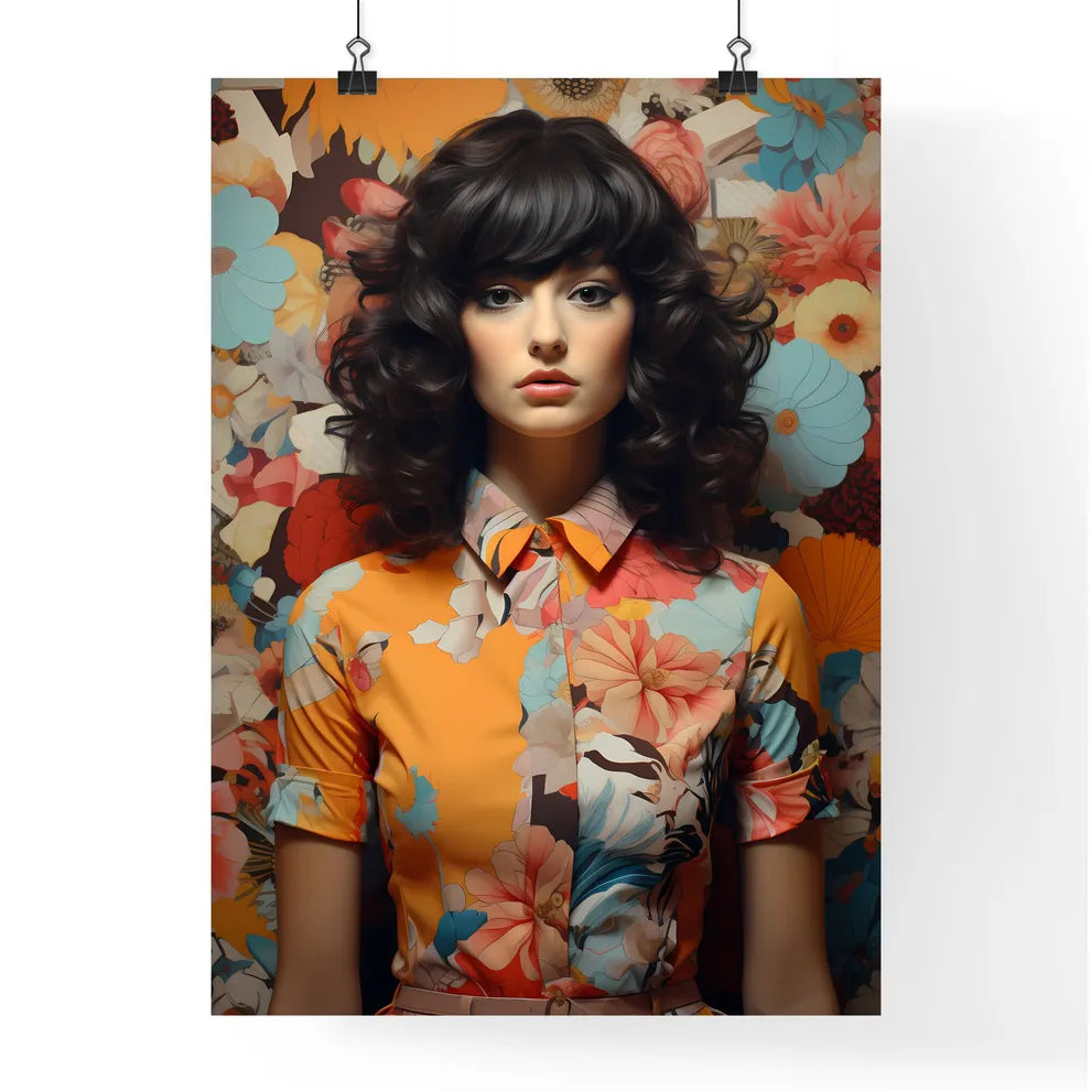 A Woman With Curly Hair Wearing A Floral Shi Poster