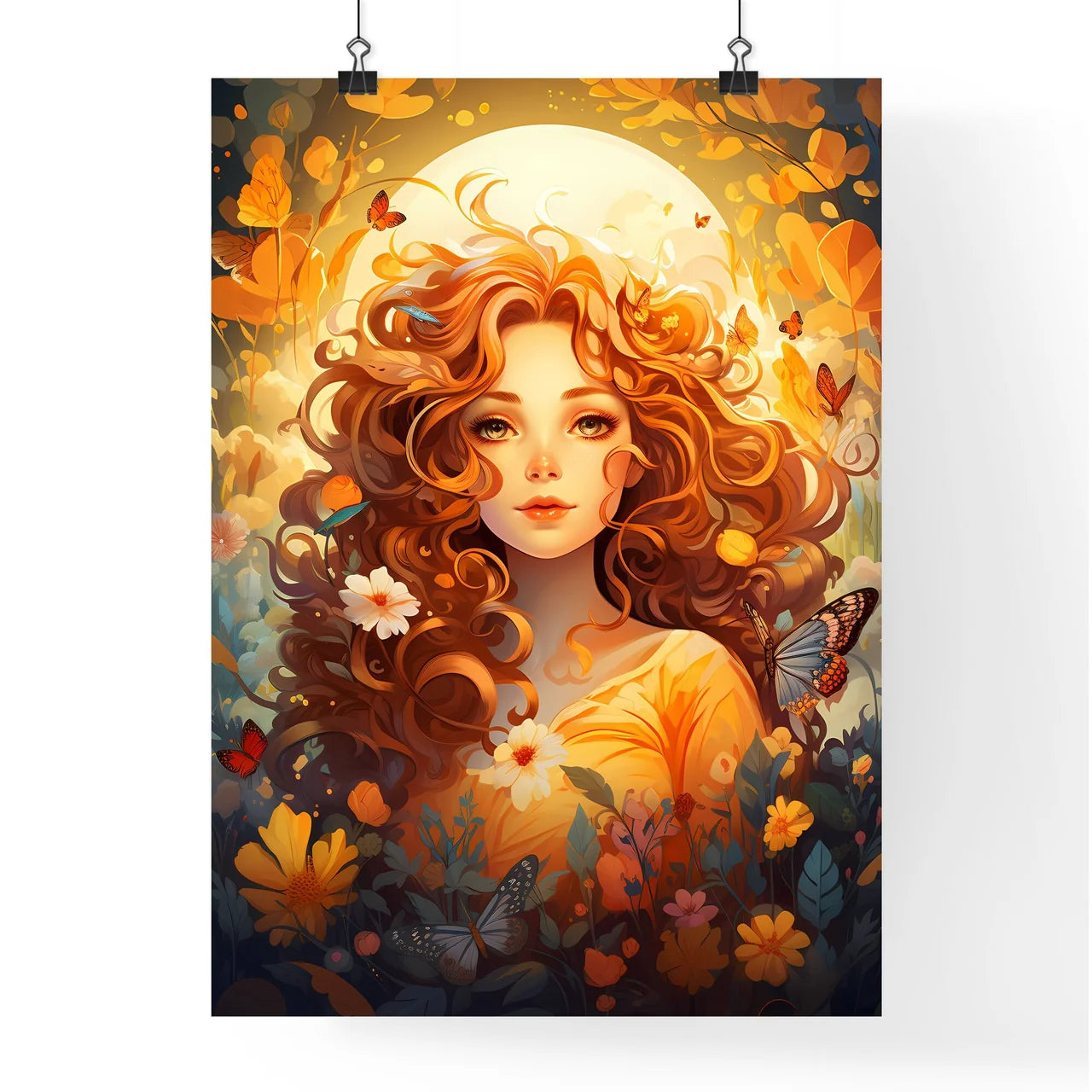 A Woman With Long Red Hair And Butterflie Poster