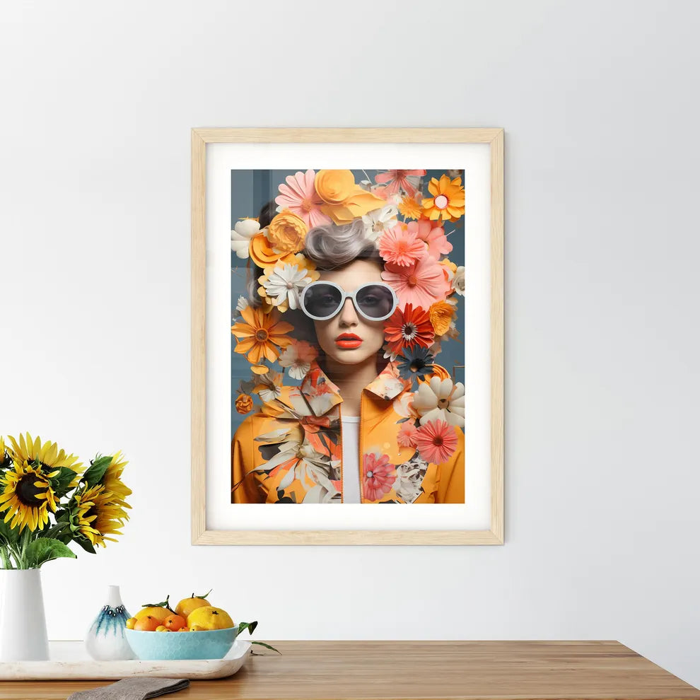 A Woman With Sunglasses And Flowers On Her H - Kitchen Hangings