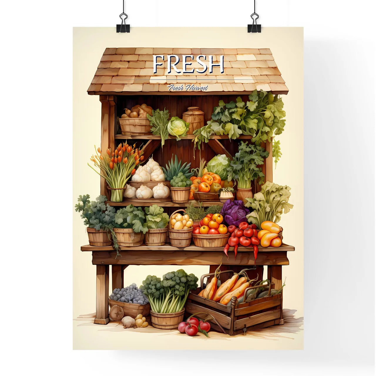 A Wooden Shelf With Vegetables And Fruit Poster