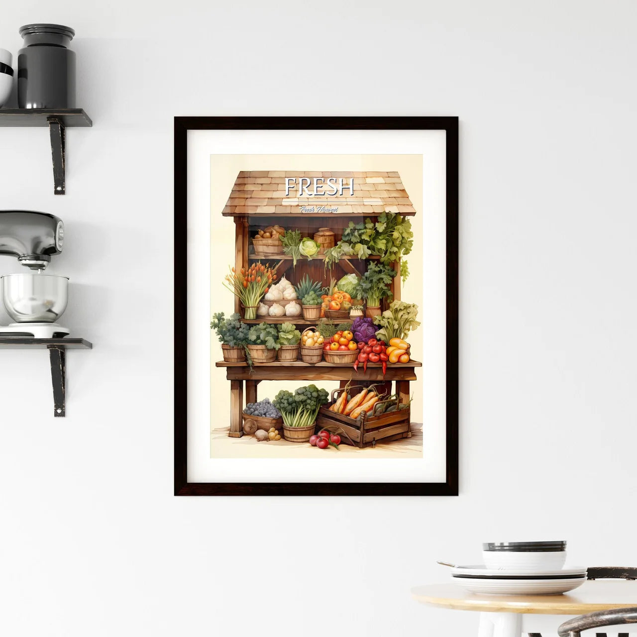 A Wooden Shelf With Vegetables And Fruit Framed Print