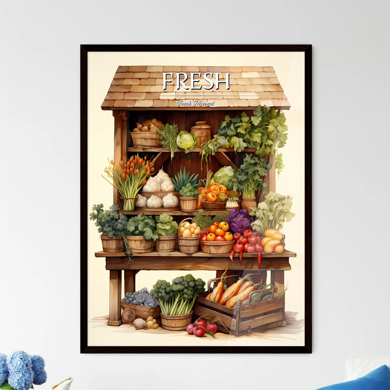 A Wooden Shelf With Vegetables And Fruit - Framed Art Print