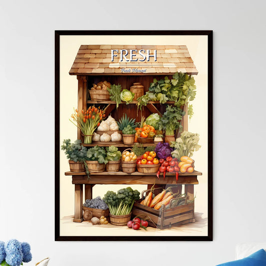 A Wooden Shelf With Vegetables And Fruit - Framed Art Print
