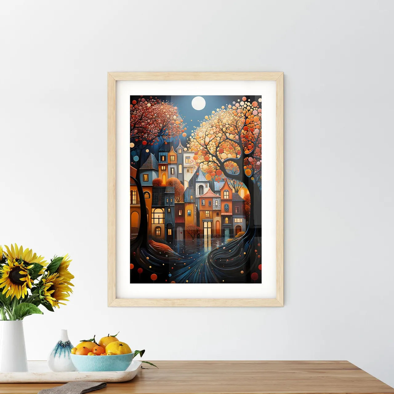 Autumn - A Painting Of A Town With Trees And Water Size Chart