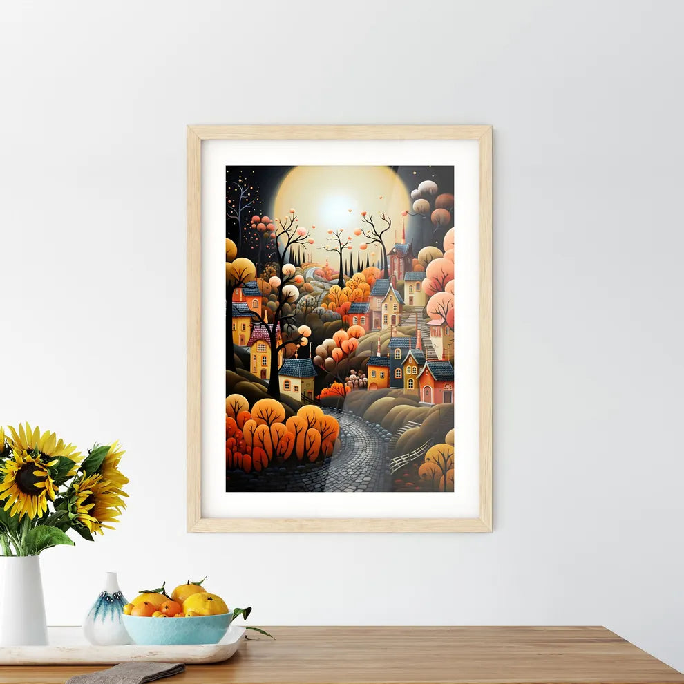 Autumn City - A Painting Of A Town With Trees And A Road Size Chart