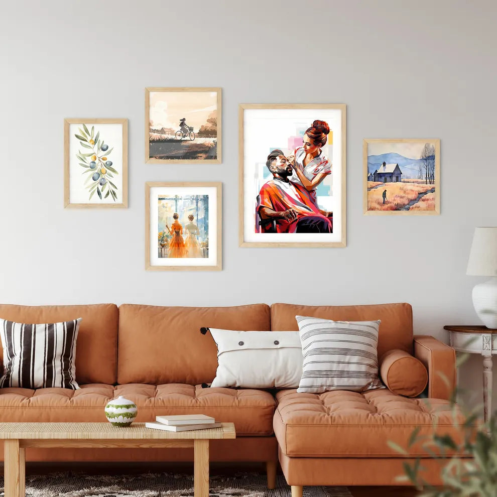 Barber Shop - A Woman Touching A Man's Fac Framed Print