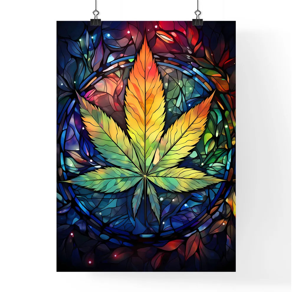 Cannabis - A Colorful Leaf On A Stained Glas Poster