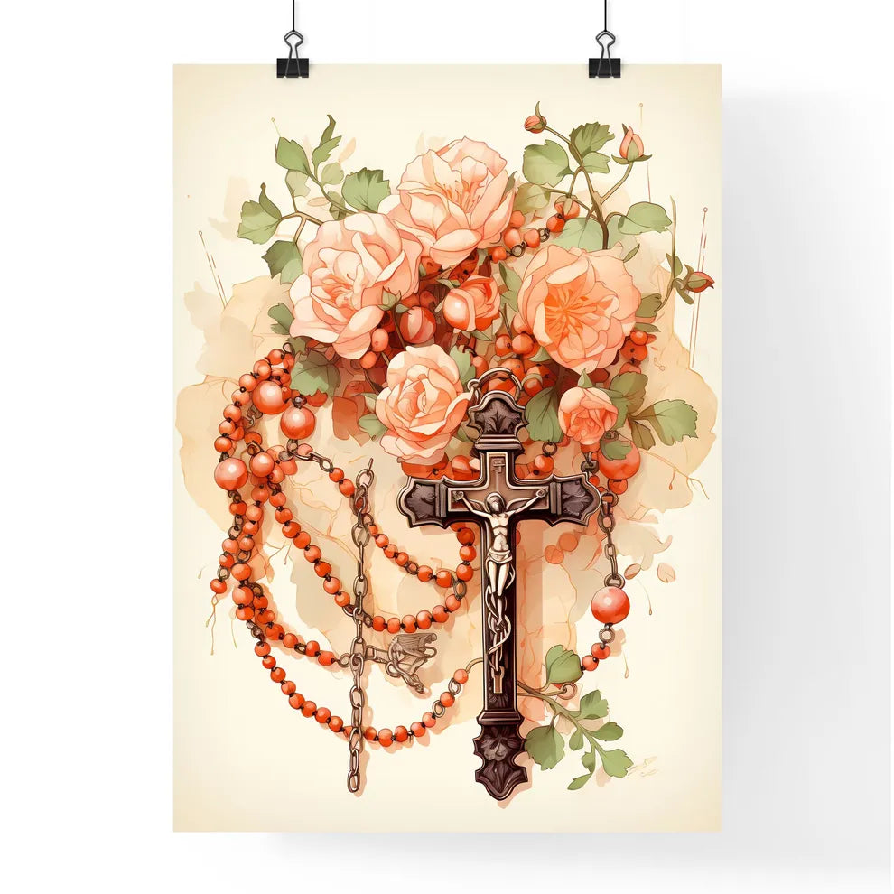 Christ - A Cross With A Rosary And Flower Poster