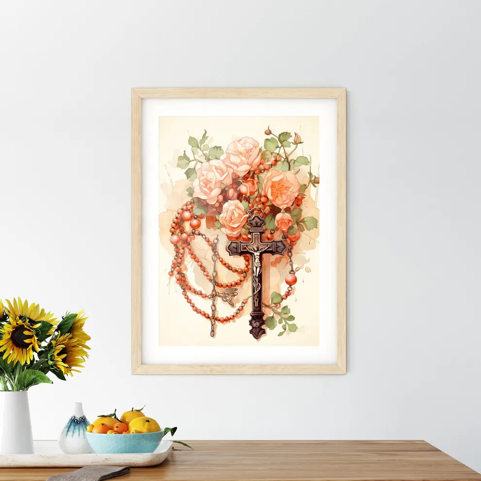 Christ - A Cross With A Rosary And Flower - Kitchen Hangings