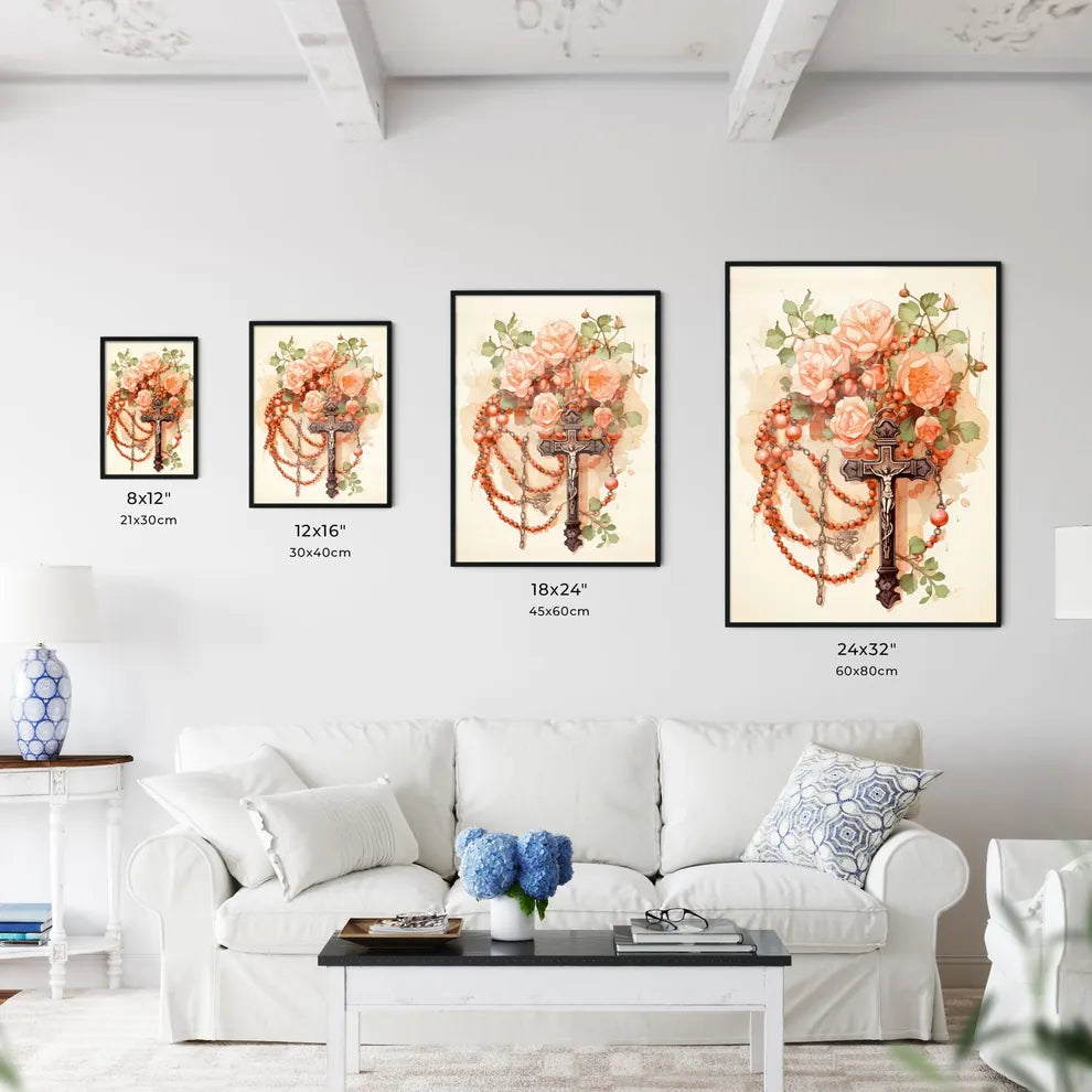 Christ - A Cross With A Rosary And Flower Wall Art