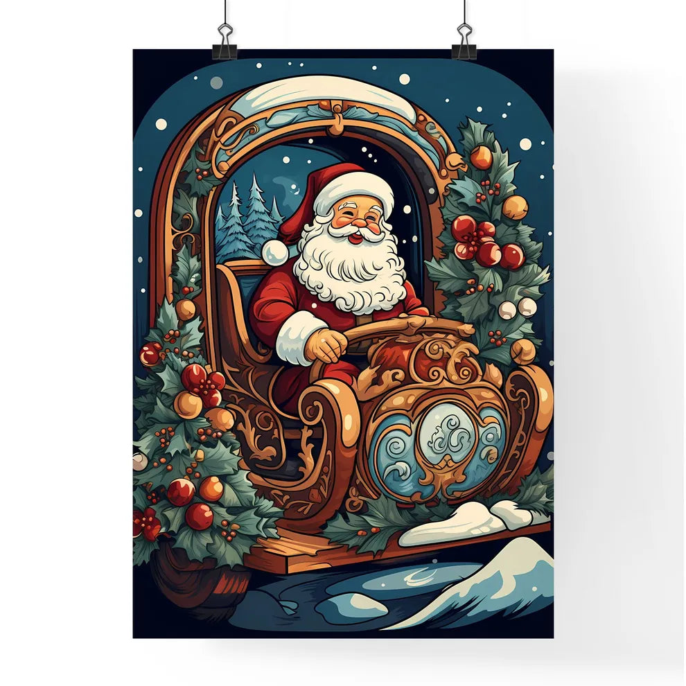 Christmas - A Cartoon Of A Santa Claus Drivi Poster