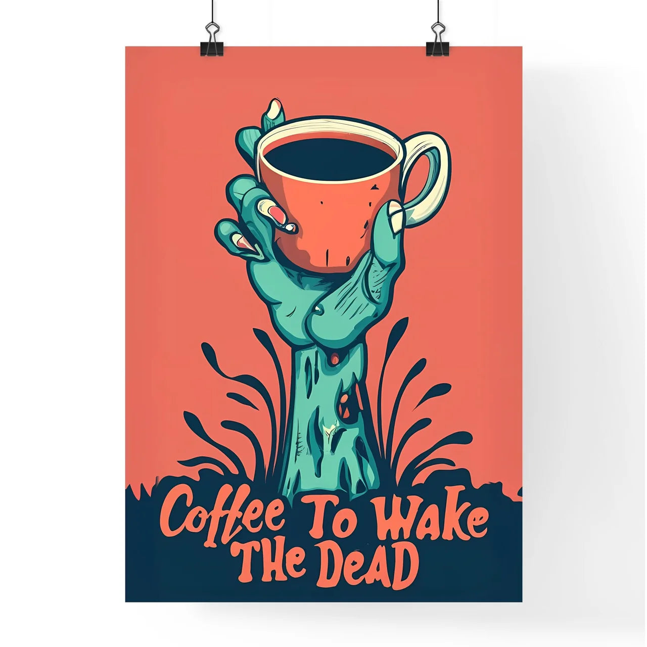 Coffee - A Cartoon Of A Zombie Hand Holding  Poster