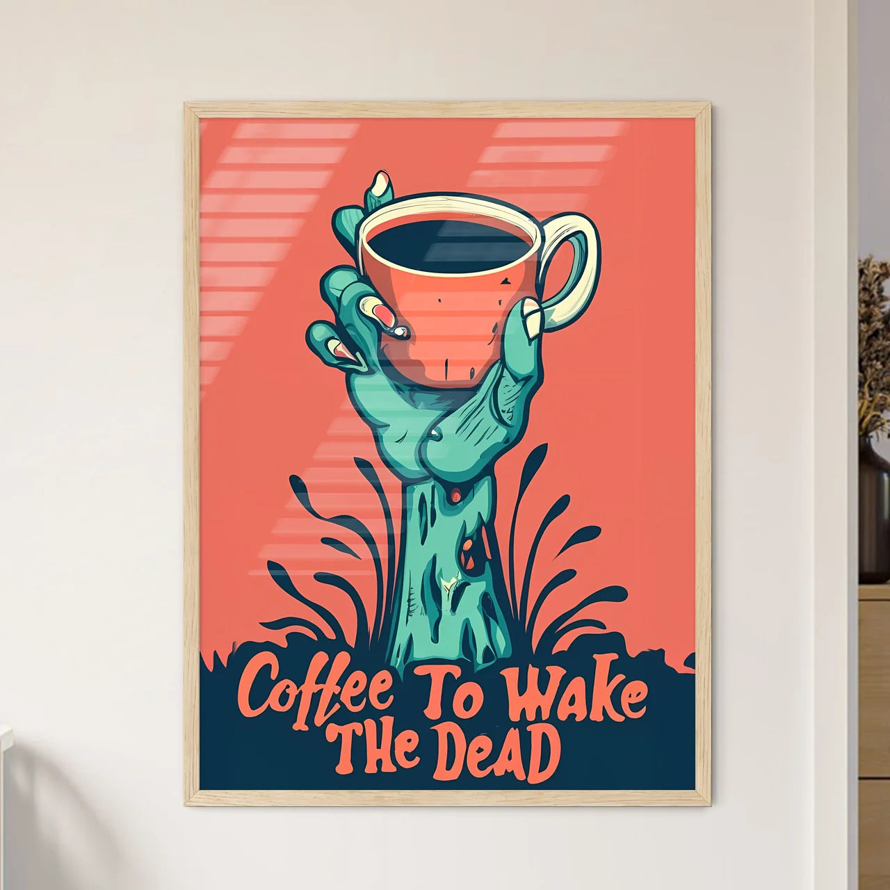 Coffee - A Cartoon Of A Zombie Hand Holding  - Framed Art Print