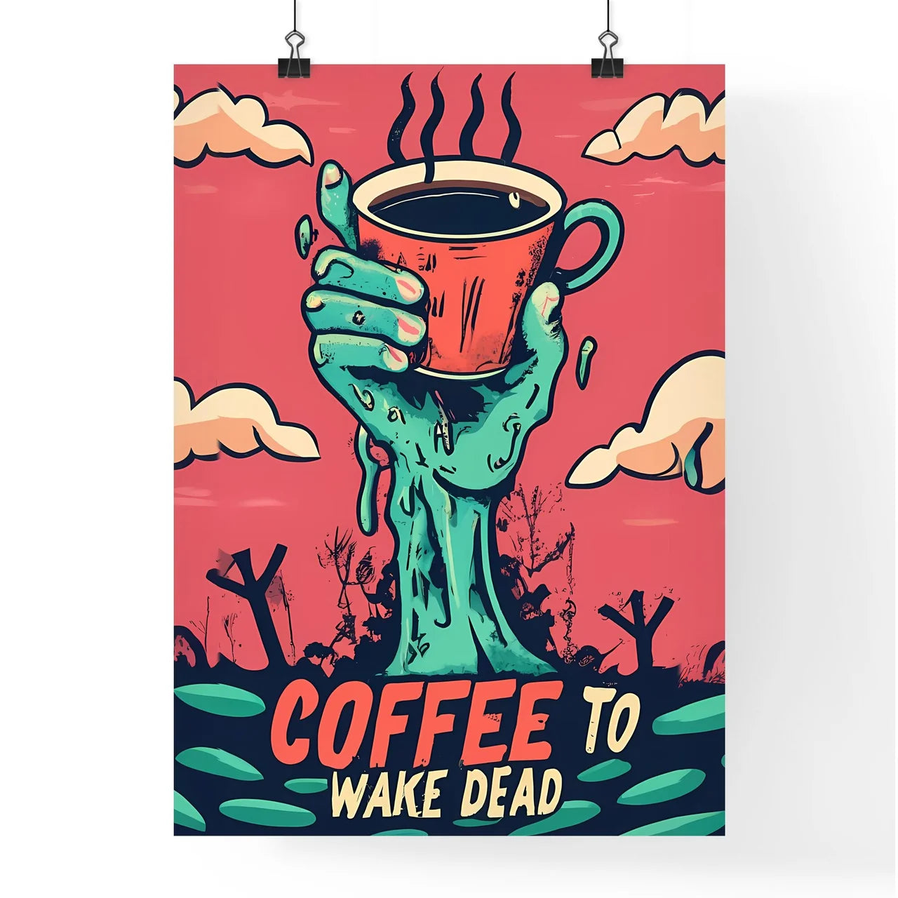 Coffee To Wake Dead - A Cartoon Of A Hand Ho Poster