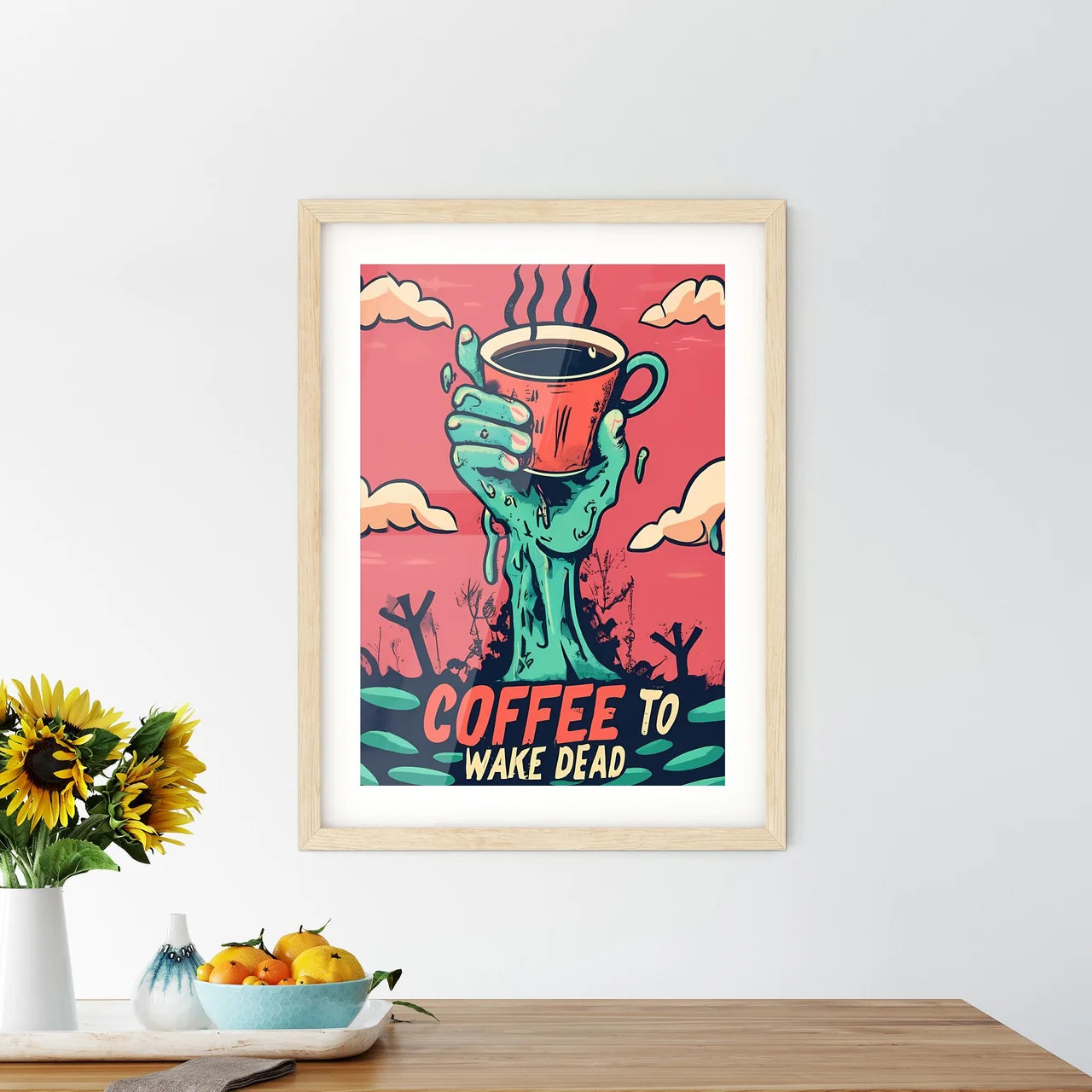 Coffee To Wake Dead - A Cartoon Of A Hand Ho - Kitchen Hangings