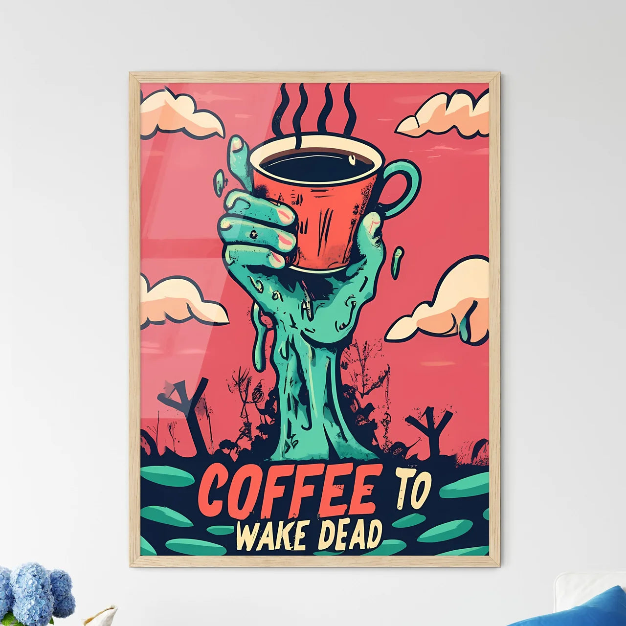 Coffee To Wake Dead - A Cartoon Of A Hand Ho - Framed Art Print