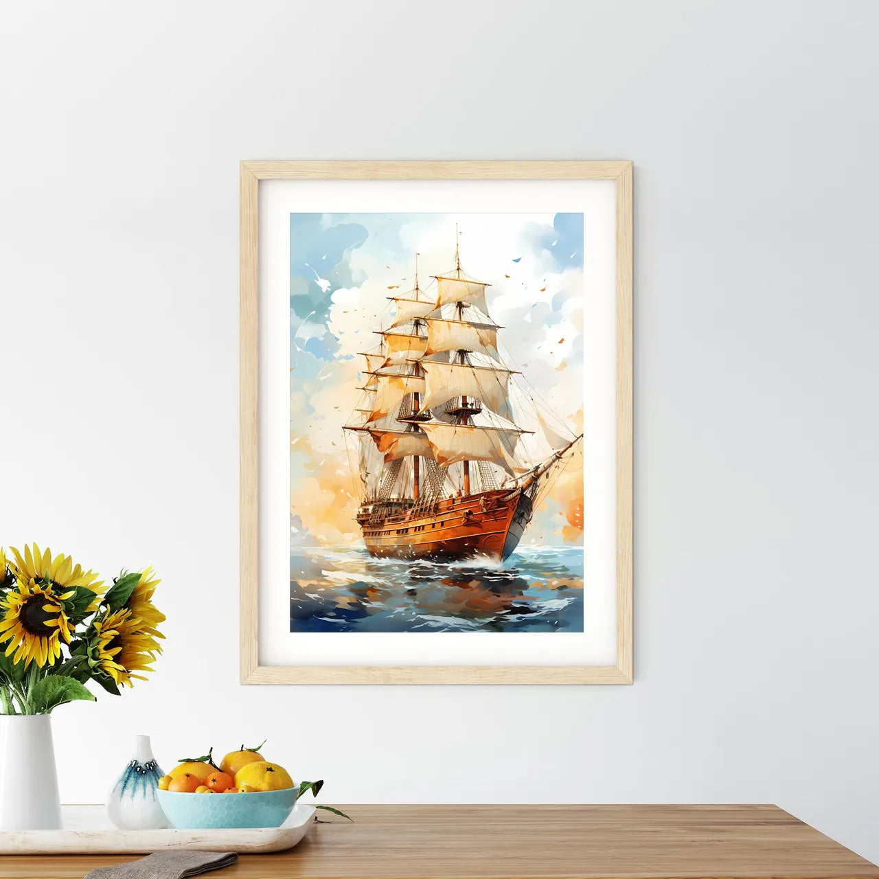 Exploration - A Painting Of A Ship With Whit - Kitchen Hangings