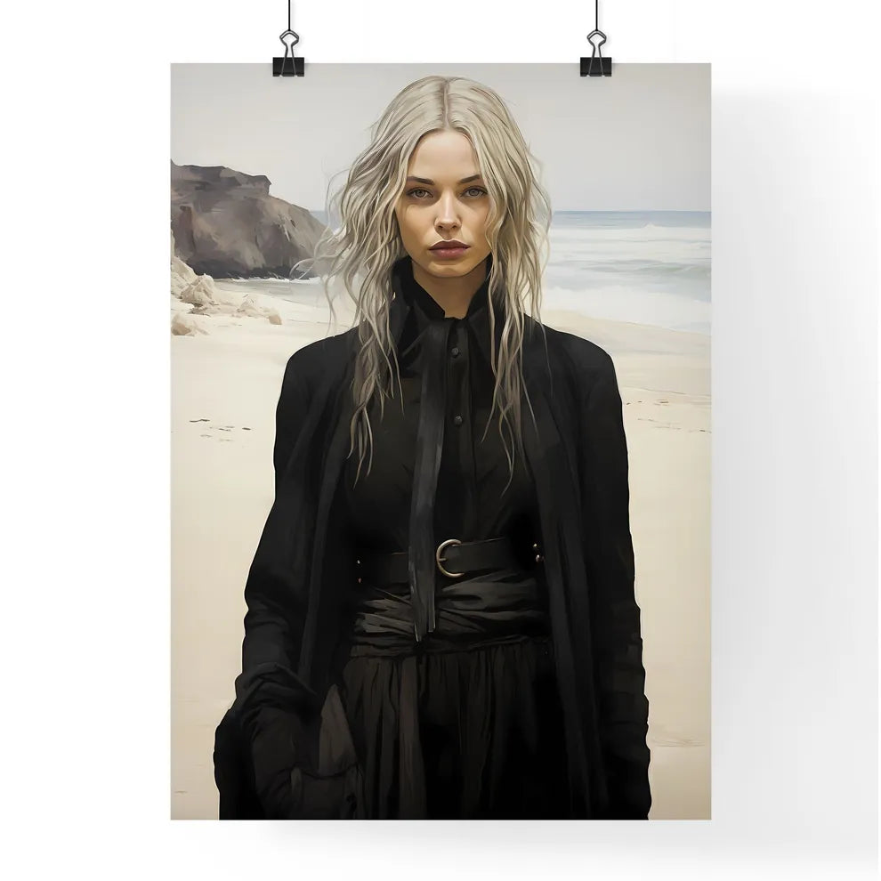 Fashion - A Woman In Black Dress On A Beac Poster