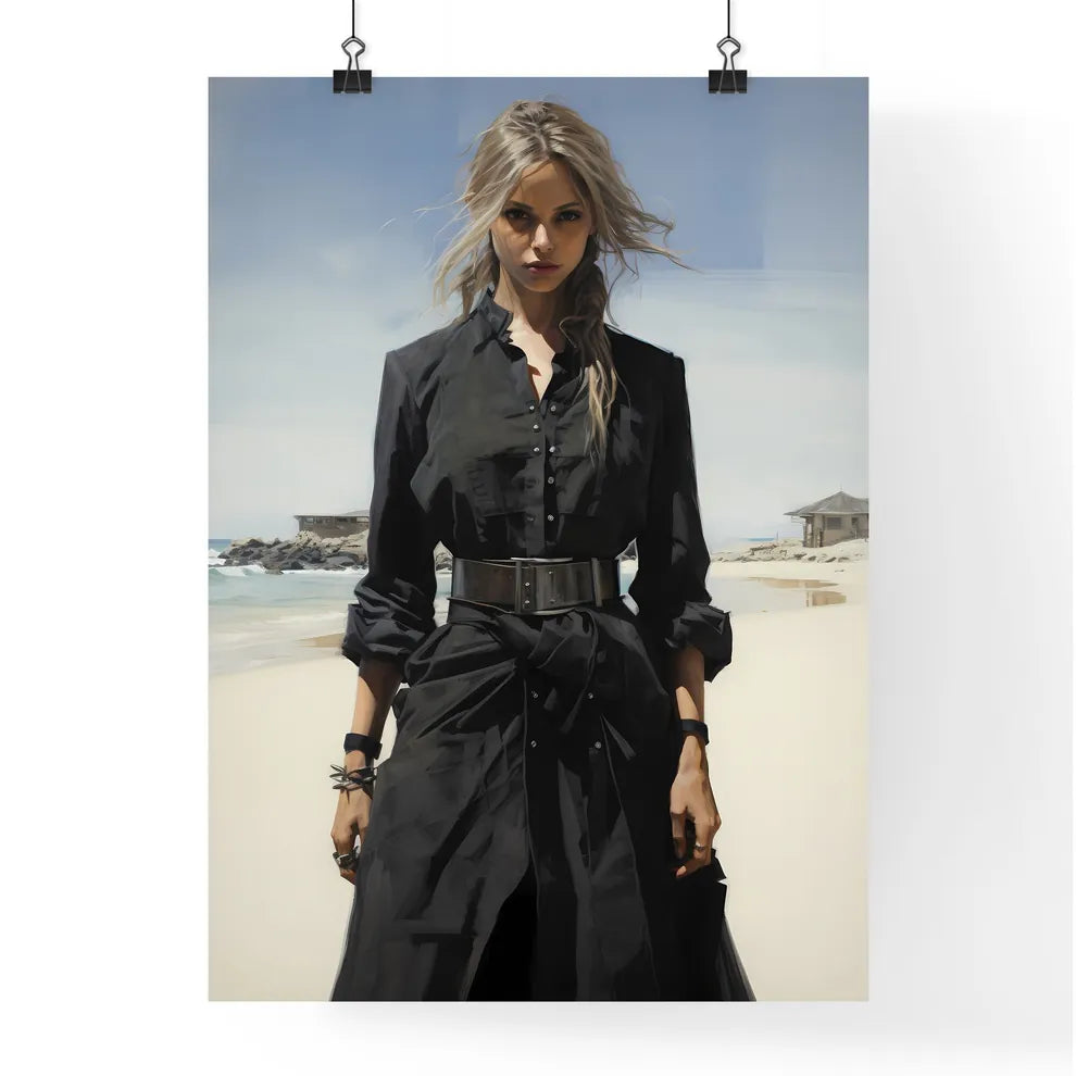 Fashion - A Woman In A Black Dress On A Beac Poster