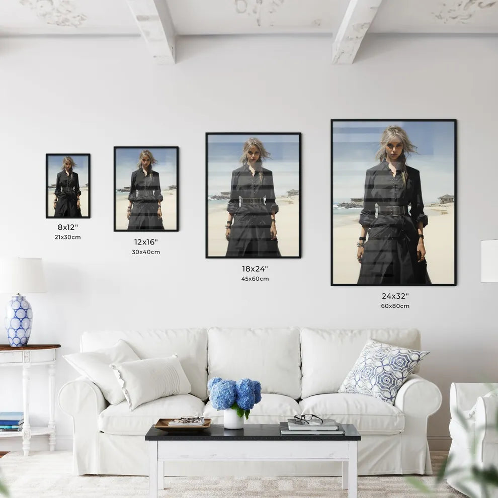Fashion - A Woman In A Black Dress On A Beac Wall Art