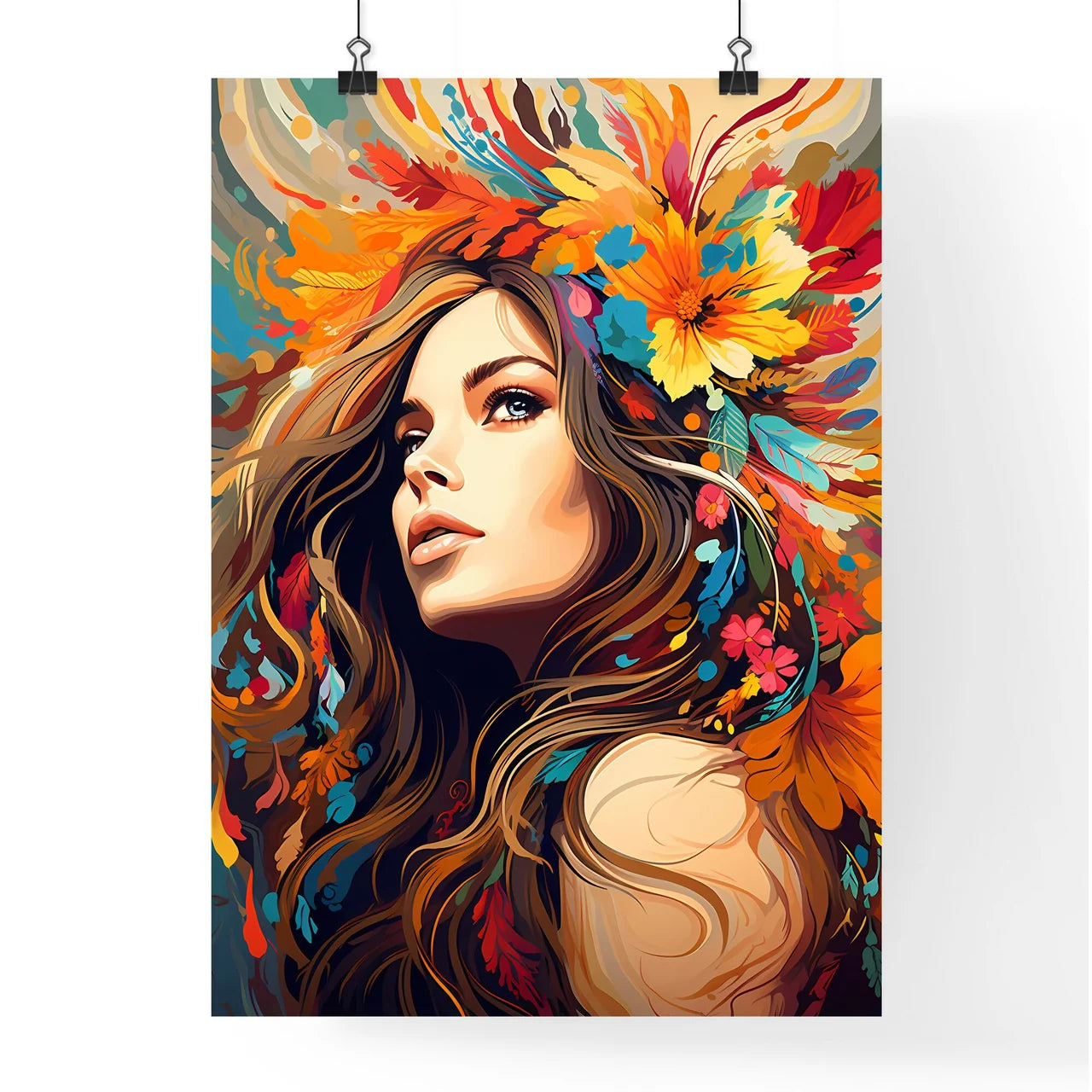 Festive - A Woman With Flowers In Her Hai Poster