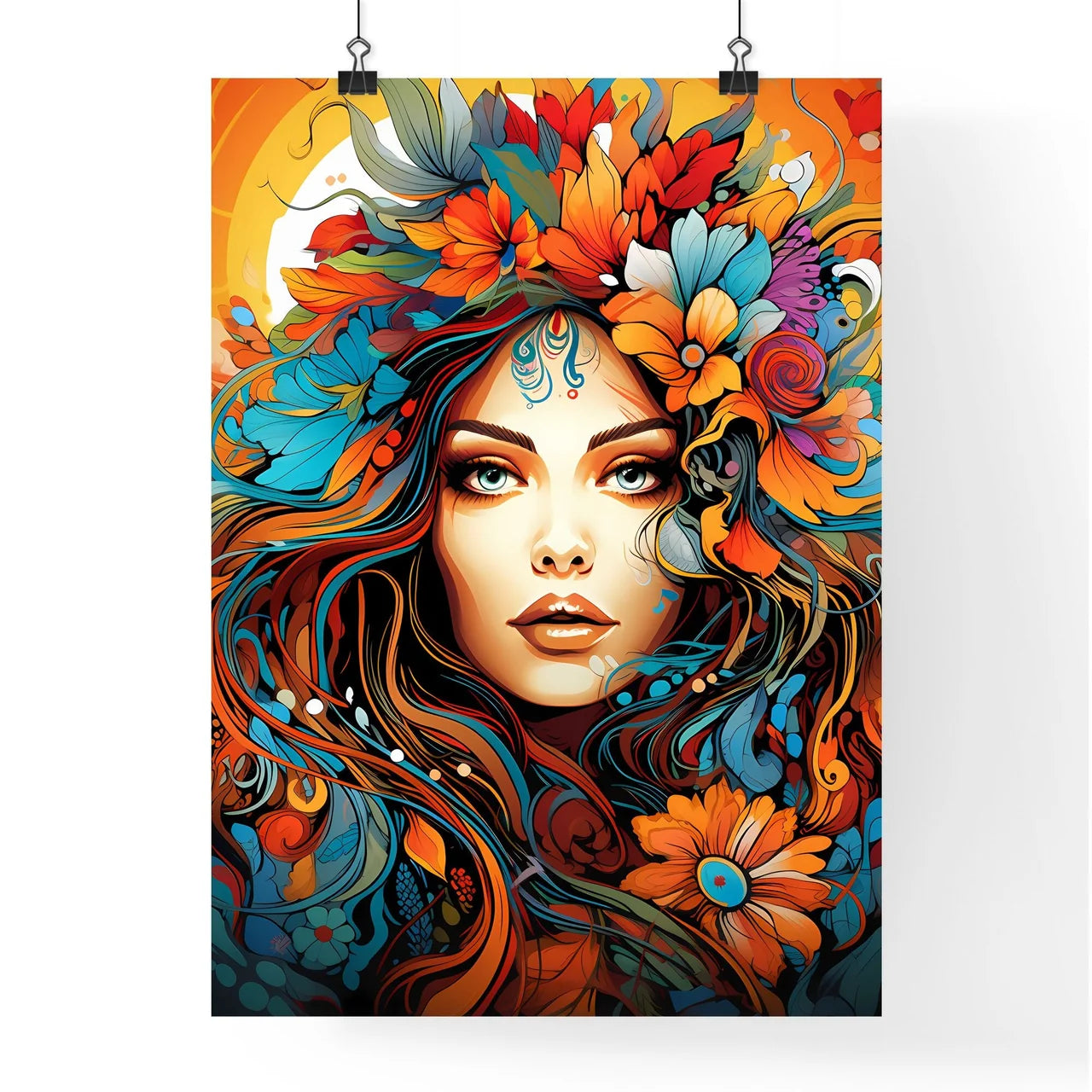 Festive - A Woman With Colorful Flowers And  Poster