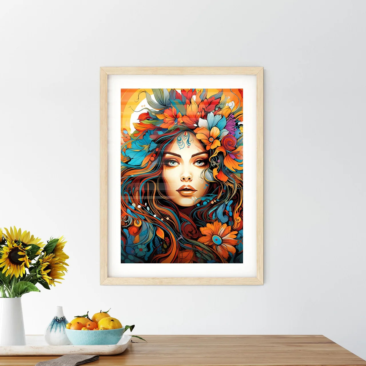 Festive - A Woman With Colorful Flowers And  - Kitchen Hangings