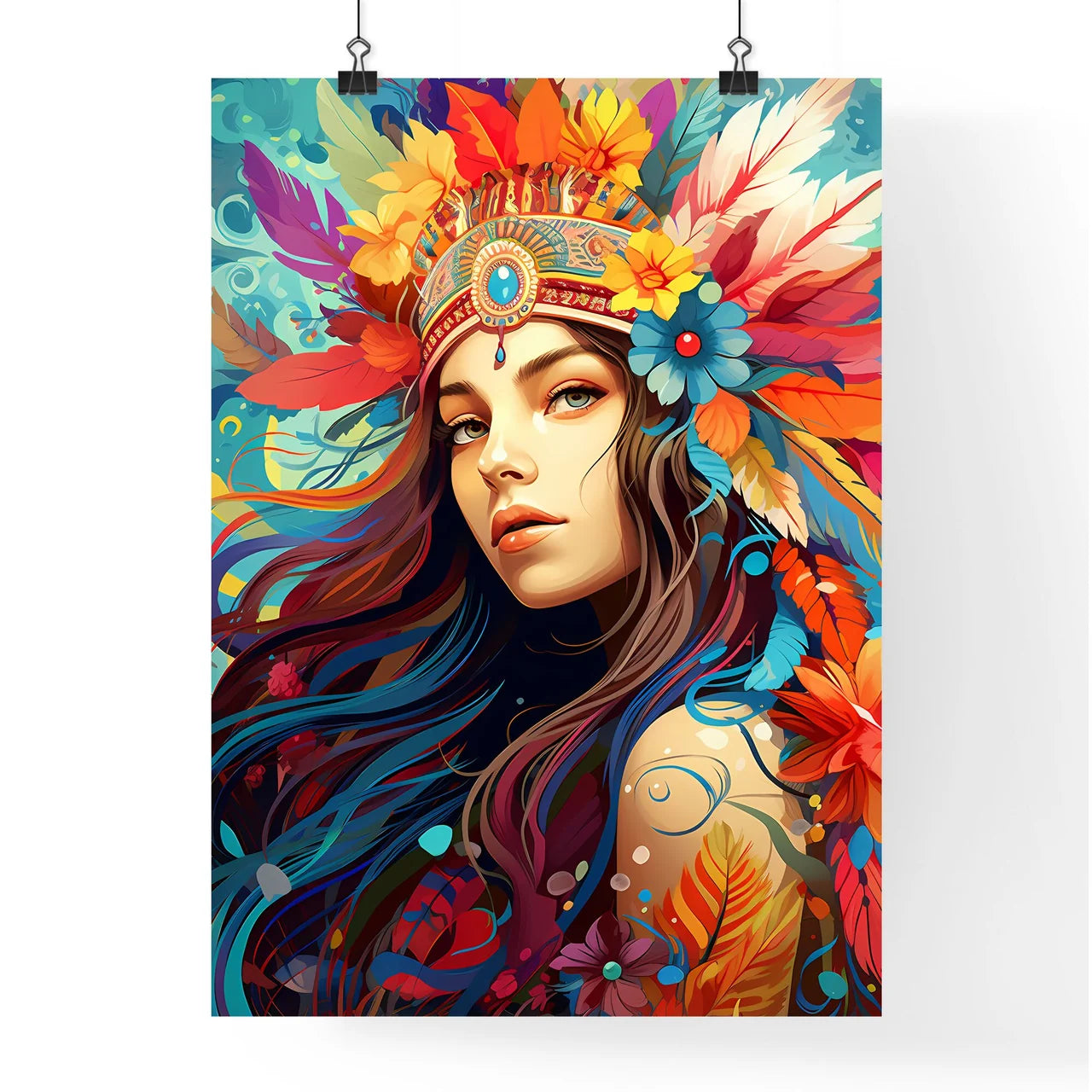 Festive - A Woman With Colorful Feathers And Poster